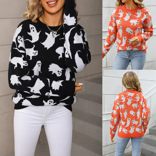 Women Pullover Halloween Sweaters Ghost Print Jumpers Long Sleeves O Neck Loose Slight Strech Casual Office Lady 2025 Autumn