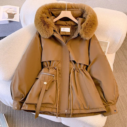 Fleece Lined Hood Down Jacket Winter Coat for Women Warm Drawstring Padded Parkas Korean Casual Streetwear Female Puffer Outwear Stone's Store