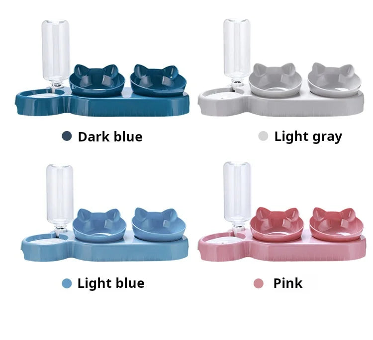 Pet Bowls With Water Feeder, 3 In 1 Ear Design Tilted Cat Water And Food Bowl Set With Gravity Water Bottle For Neck Protection Archie Pets Store
