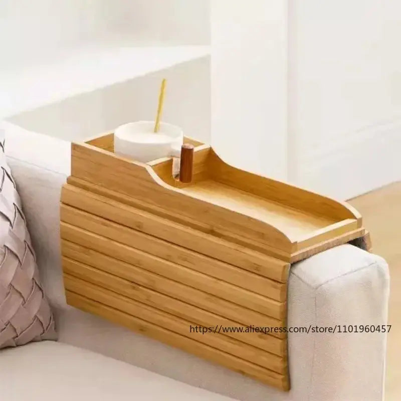 Couch Cup Holder Natural Anti-Slip Bamboo Sofa Armrest Tray Foldable