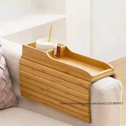 Couch Cup Holder Natural Anti-Slip Bamboo Sofa Armrest Tray Foldable