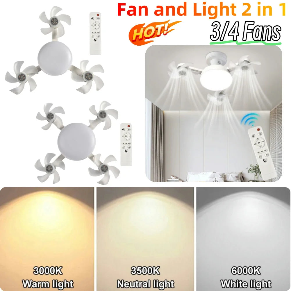 2 In 1 Hanging Fan with LED Light E27 Universal Dimming Drone Fan Silent Ceiling Drone Fan for Dining Room Bedroom Living Room