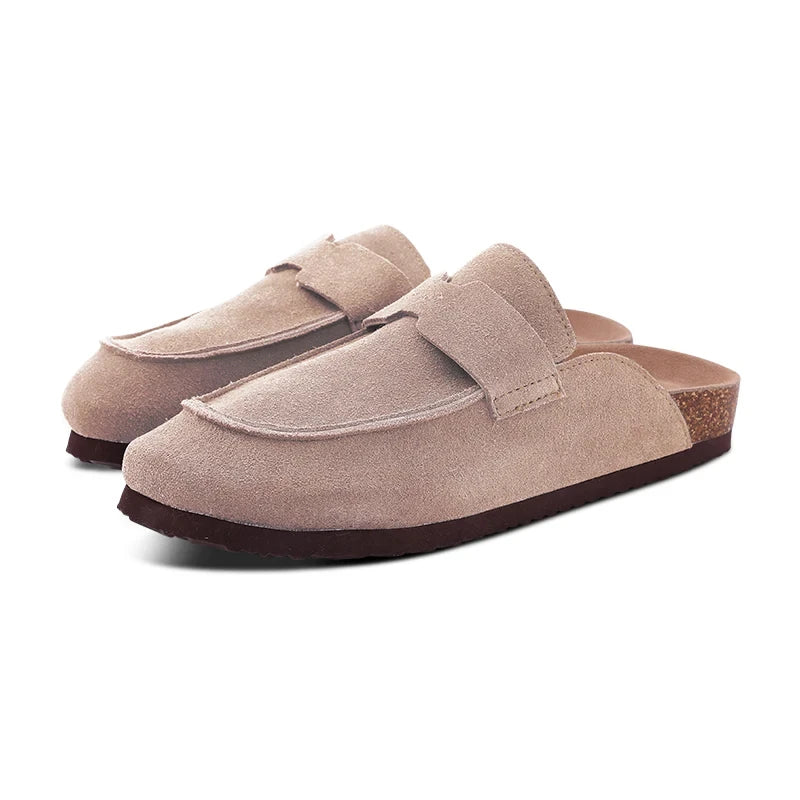 Pantuflas Zuecos de Gamuza y Piel para Mujer Shevalues, Plantilla Clásica de Corcho, Mules Peludas, Pantuflas de Invierno de Felpa, Pantuflas Planas de Corcho Cálidas para Exteriores