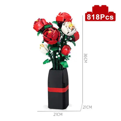 Creative Red Rose Vase Plants Model Building Blocks Moc Romantic