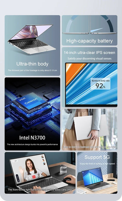 14.1"Ultra Slim Laptop 16GB RAM 2TB SSD Intel N3700 Notebook Gamer 1920*1080 Display Office Study Computer PC Windows 11 Pro