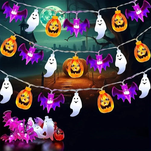 1 unidad luces LED de cadena de Halloween, murciélago, fantasma, calabaza, lámpara decorativa, funciona con pilas, luces de festival para decoración de fiesta de Halloween