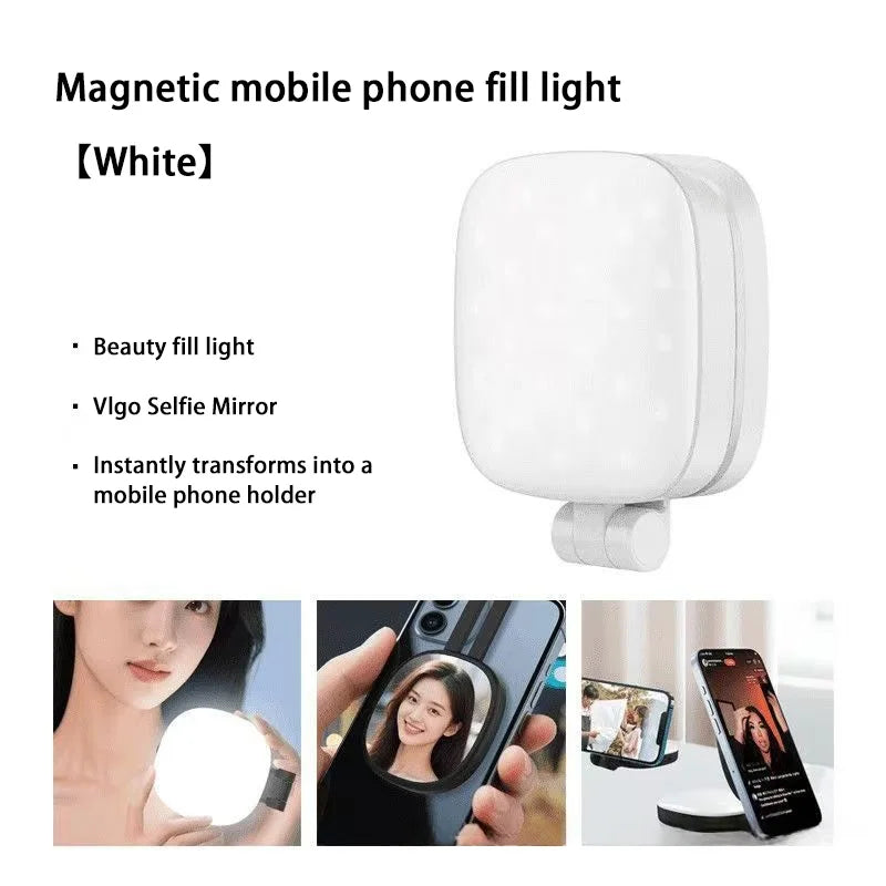 Luz de relleno magnética para selfis de teléfono móvil, fotografía en vivo, mini espejo de maquillaje portátil, luz LED plegable de bolsillo, soporte para teléfono móvil