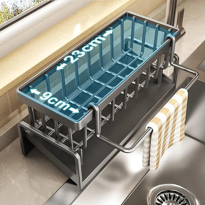 Stainless Steel Faucet Caddy - 2-Tier Sponge Holder for Kitchen Sink, Dish Soap & Scrubber Organizer, Drying Rack with Drain Tra