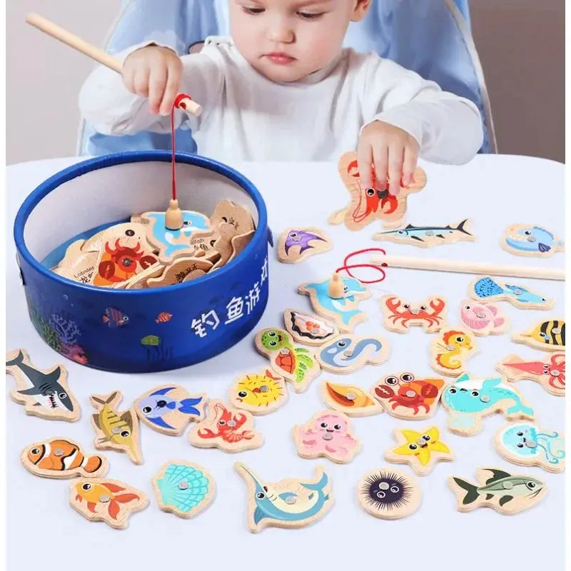 Montessori Wooden Fishing Toys For Children Cartoon Marine Life Cognition Fish Games Parent-Child Interactive Educational Toy Sweet Kids Store