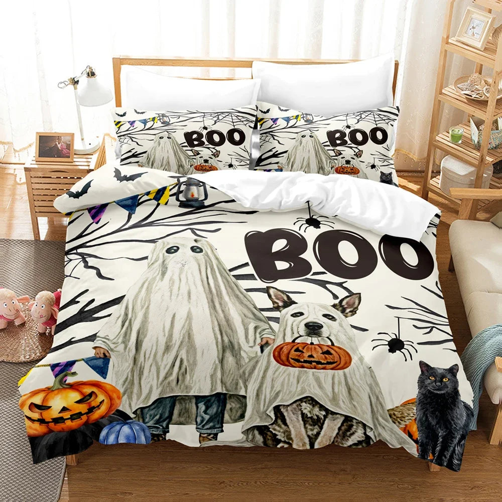 Juego de cama Feliz Halloween Impresión digital 3D Juego de 2-3 piezas (sin relleno) Adecuado para dormitorio Juego de funda nórdica Decoración de Halloween