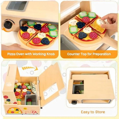 Wooden Pizza Toy - 48 PCS Montessori Pretend Play Food for Ages 3+ Educational Learning Toy Wooden Playset with Bake Oven Chris Best Price Every Day Store