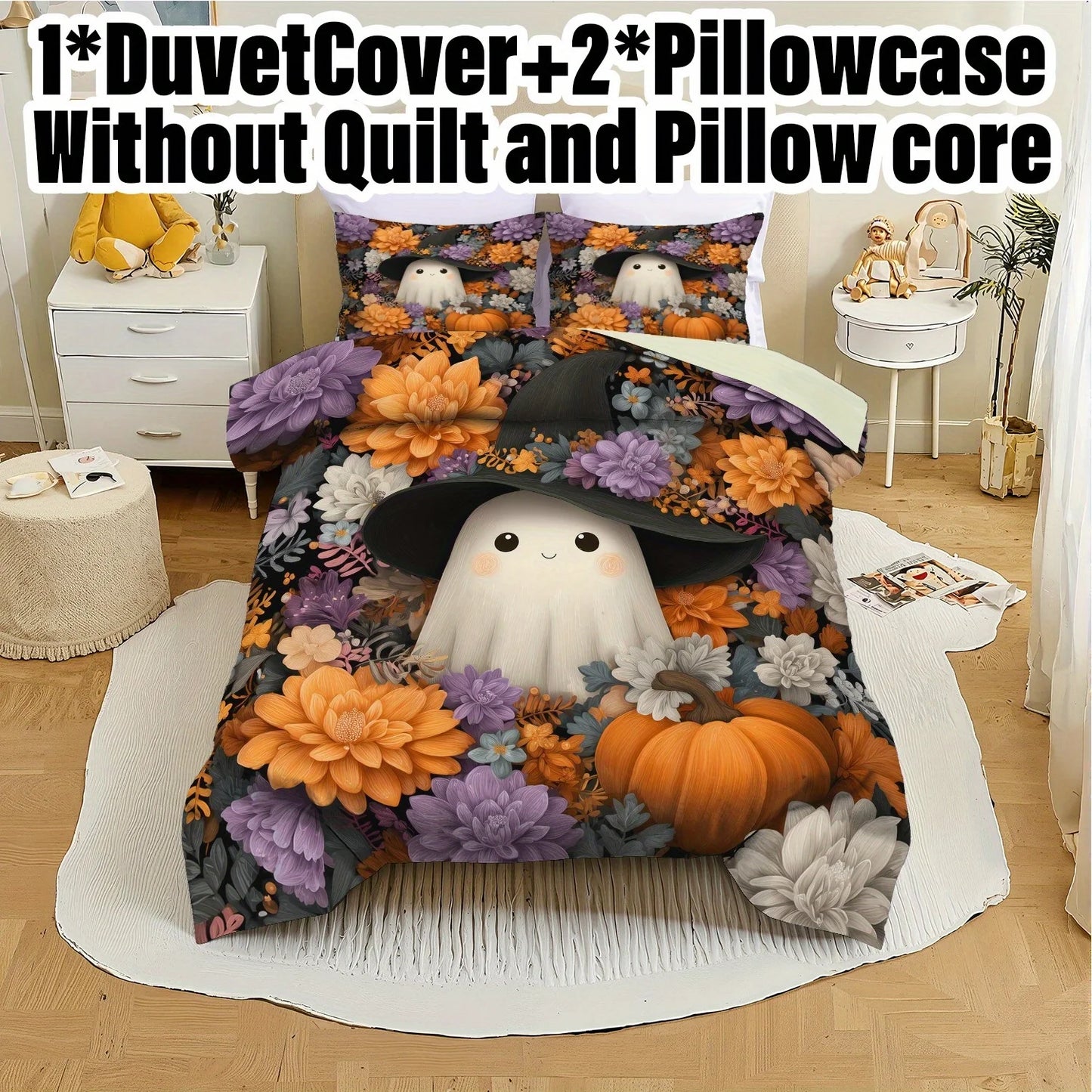 3pcs Halloween Pumpkin Monster Duvet Cover Set without Core 1Quilt Cover 2 Pillowcases Soft Floral Duvet Cover Set for Bedroom