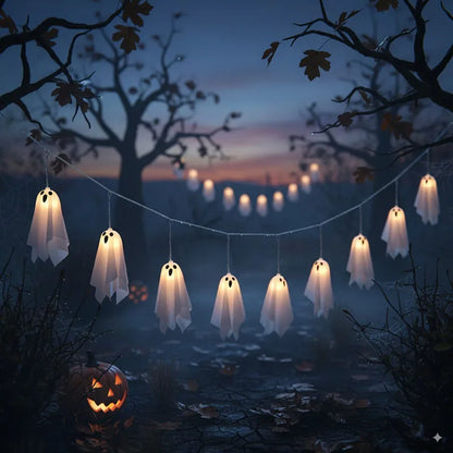 Halloween Ghost String Lights, 10PCS LED Spooky Hanging Ghosts Decor, Light Up Glow Garland, 8 Modes Waterproof String Garland