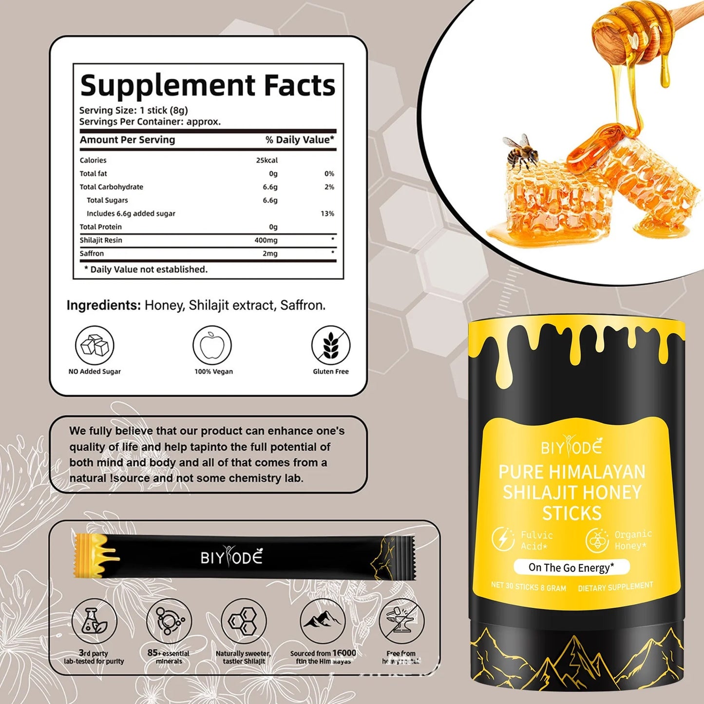 【BIYODE】Shilajit Honey Sticks - 100% Pure Natural Energy Boost Stick - 1.76 Oz Stick