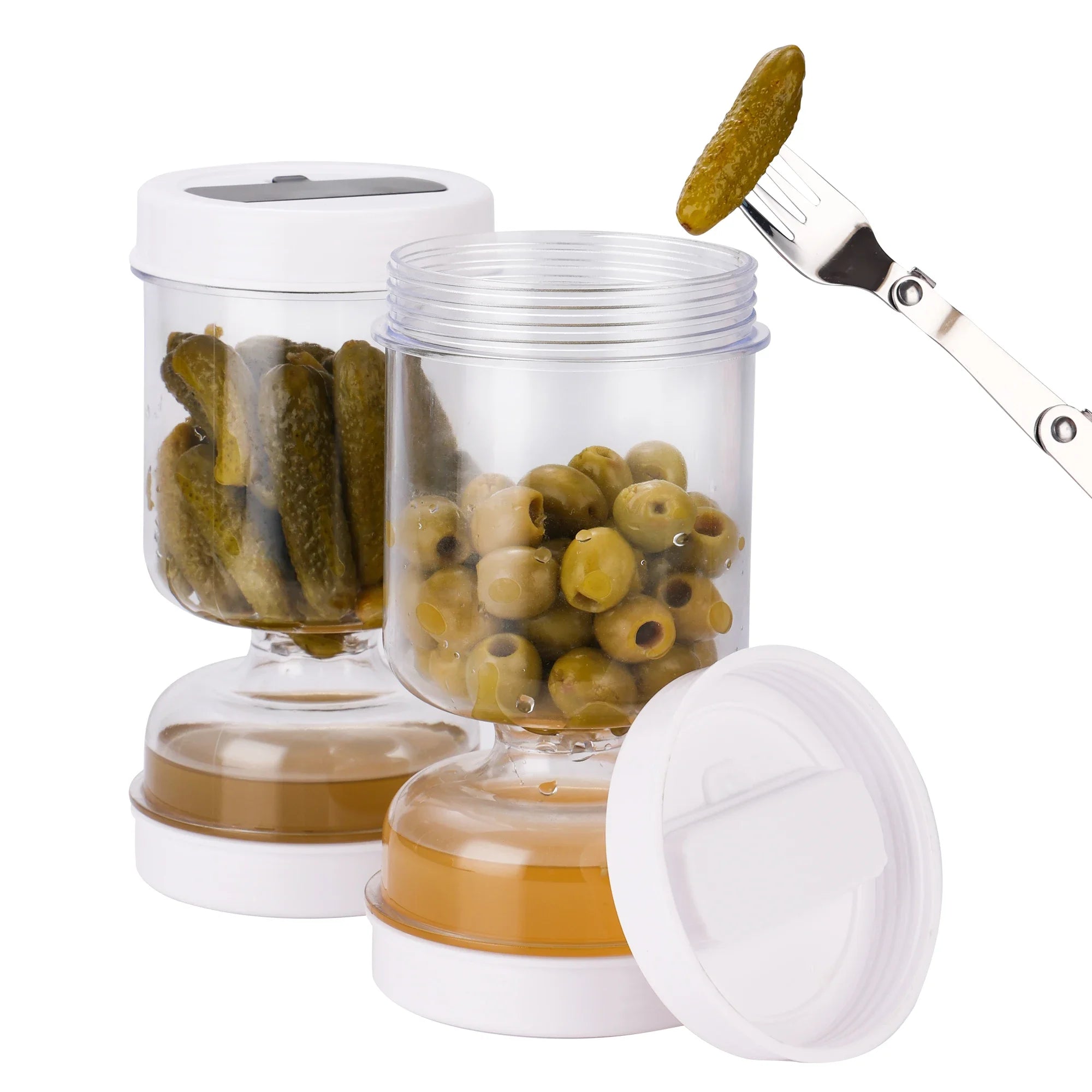 Tarro de encurtidos con tenedores, dispensador de pepinillos y aceitunas, tarro de reloj de arena, recipiente para pepinos, herramienta separadora de zumo para cocina