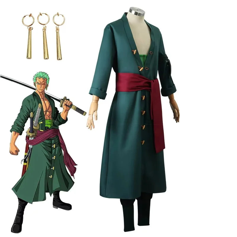 Roronoa Zoro Cosplay Anime Figures Costume Uniform Green Coat Pants Head Scarf Roronoa Zoro Wig Earrings Halloween Men Clothes