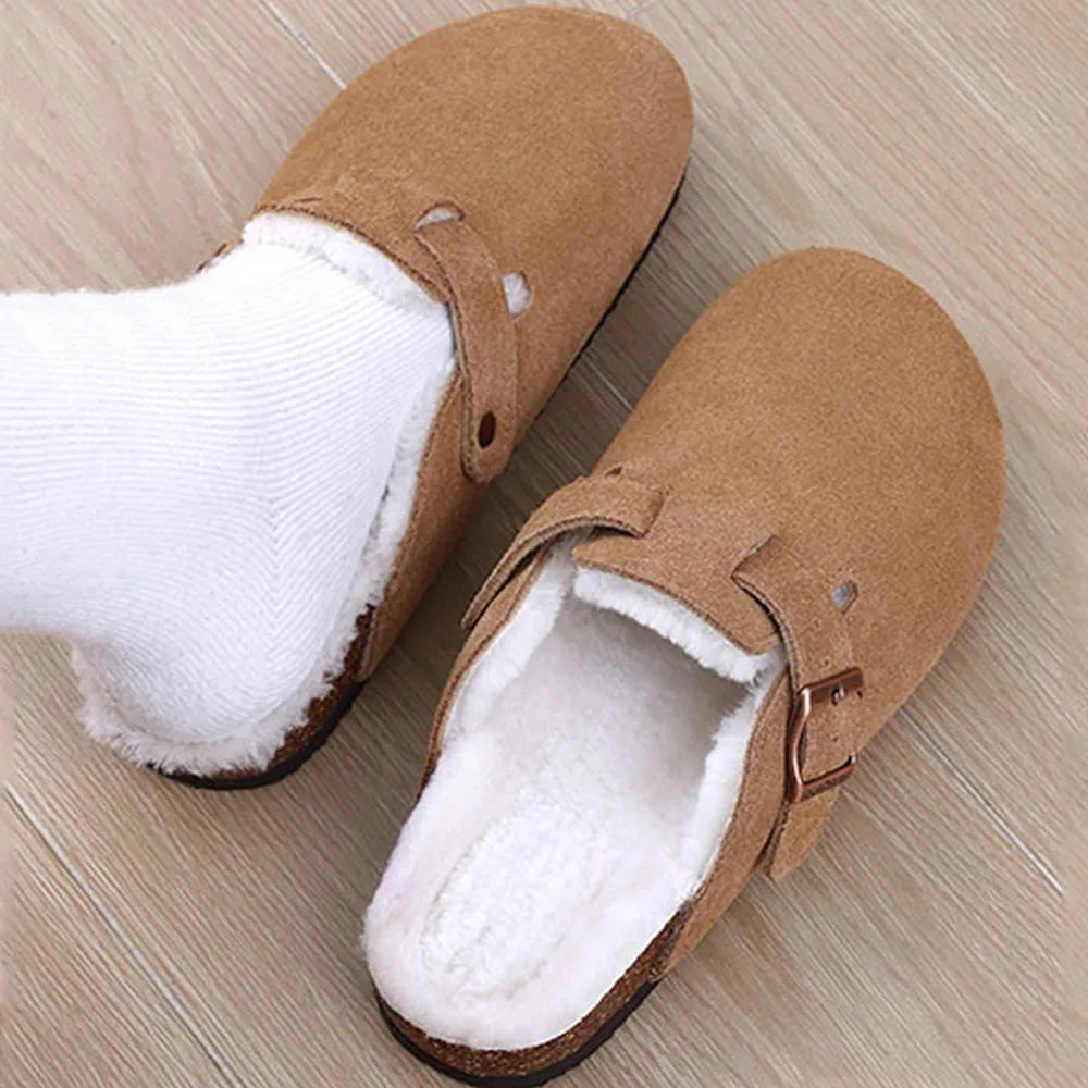 Shevalues Women's Fur Suede Clogs Slippers Classic Cork Footbed Fuzzy Mules Winter Plush Slippers Outdoor Warm Cork Flat Slipper