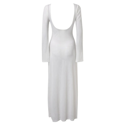 Sexy Women Long Knit Sleeve Bikin Backless Solid Dresses Fashion Cover Up Female See-Through Hollow-Out Beach Knitwear Dress