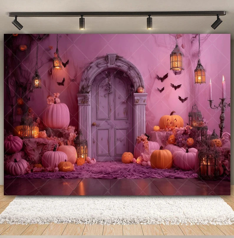 Halloween Retro Arch Family Portrait Photography Backdrop Pink Wall Pumpkin Bat Girls Kids Birthday Party Photo Background Decor
