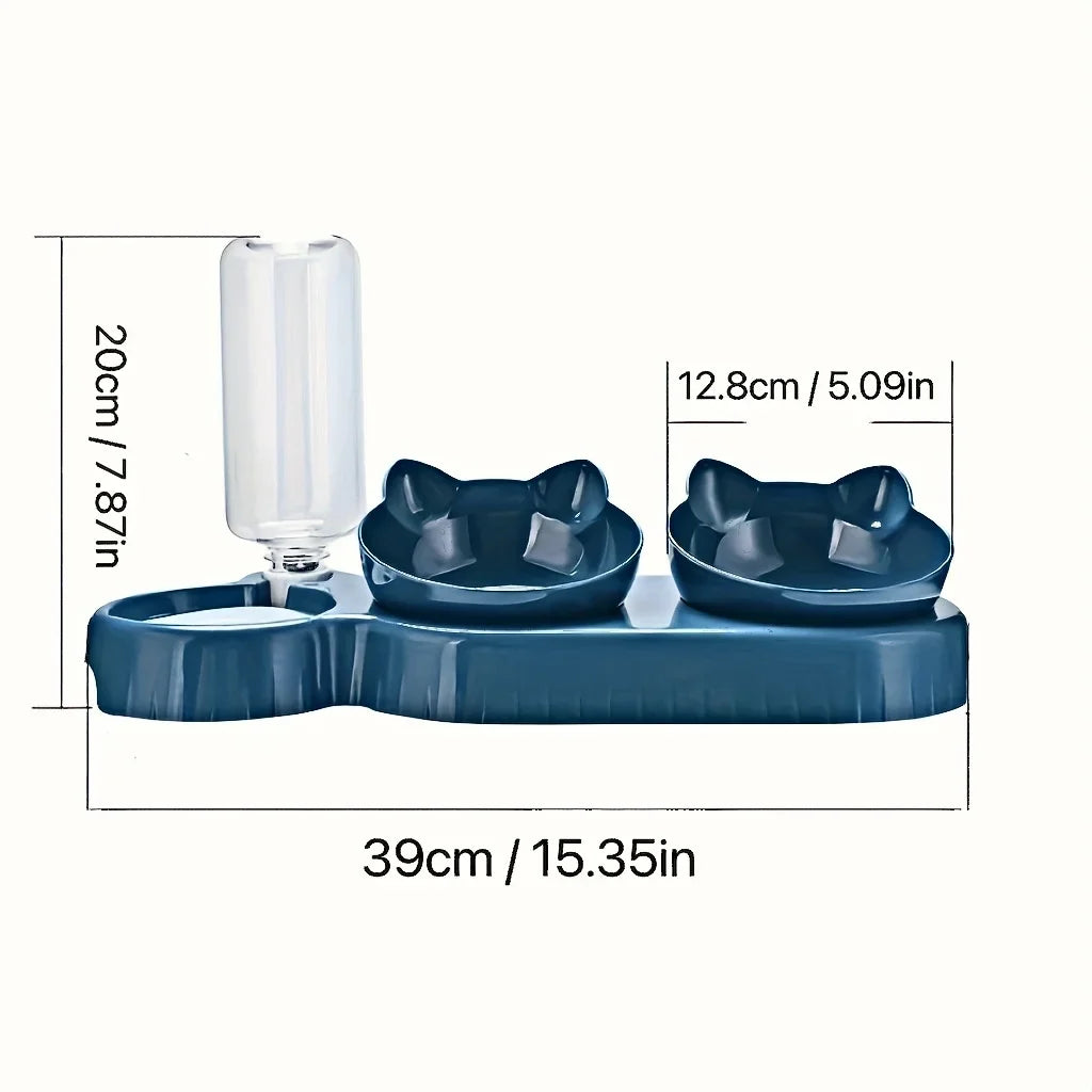 Pet Bowls With Water Feeder, 3 In 1 Ear Design Tilted Cat Water And Food Bowl Set With Gravity Water Bottle For Neck Protection Archie Pets Store