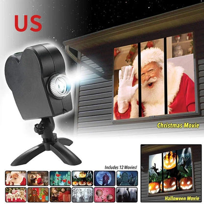 Christmas Halloween Window Projector Lamp Display Screen Outdoor Holiday Led Holographic Projection Lamp Cartoon Movie Home Deco