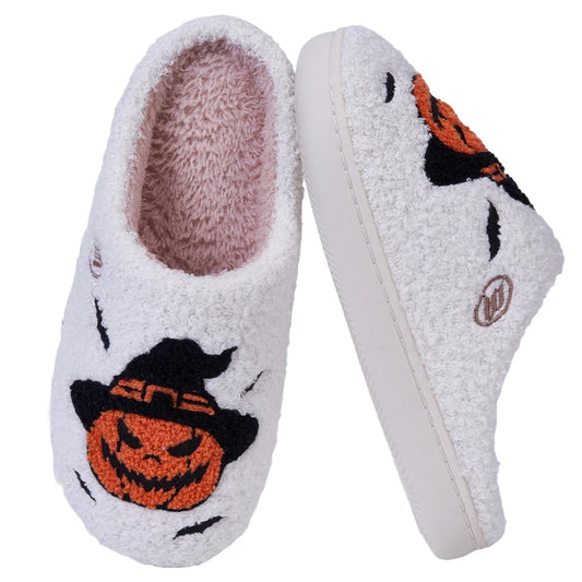Halloween Pumpkin Slippers Furry Pumpkin Bat Slippers Comfortable Fuzzy Witch Hat Pumpkin Slippers Anti Slip for Indoor Bedroom