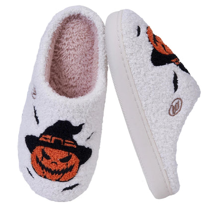 Halloween Pumpkin Slippers Furry Pumpkin Bat Slippers Comfortable Fuzzy Witch Hat Pumpkin Slippers Anti Slip for Indoor Bedroom