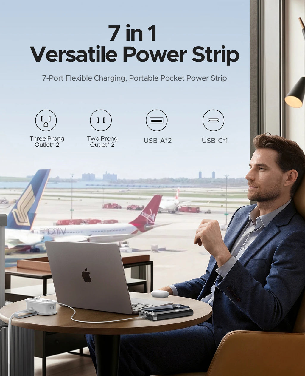 Regleta TravelZap™: 4 enchufes, 2 USB, cable de 1.2 m con organizador