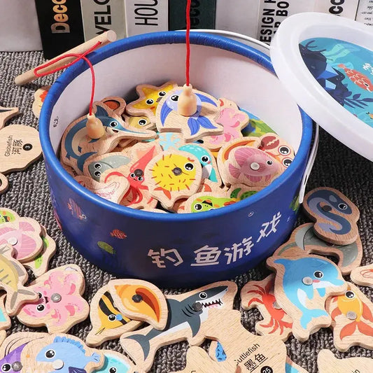 Montessori Wooden Fishing Toys For Children Cartoon Marine Life Cognition Fish Games Parent-Child Interactive Educational Toy Sweet Kids Store