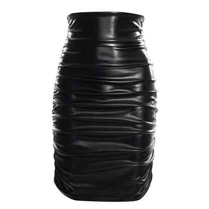 Black PU Leather Pleated Wrap Skirt