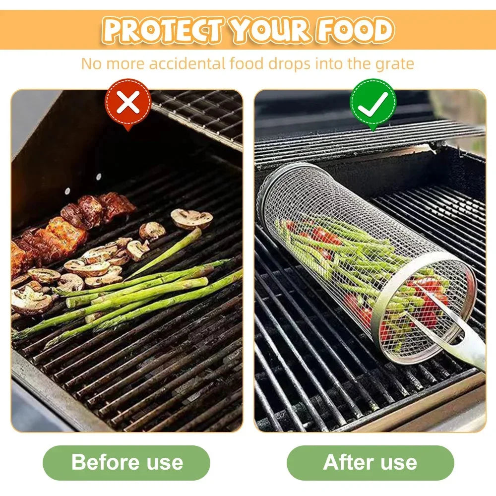 1PC BBQ Cage Rolling Stainless Steel Outdoor Grilling Basket Grill AliExpress