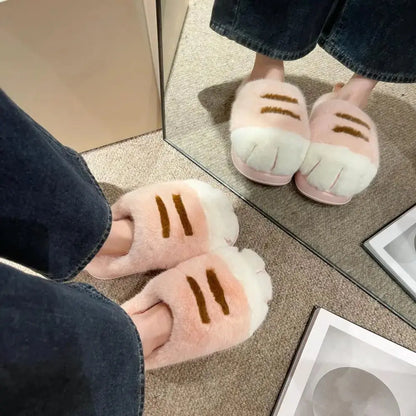 1 Pair Winter Plush Slippers Thick Non-Slip Insoles Cartoon Cat Design