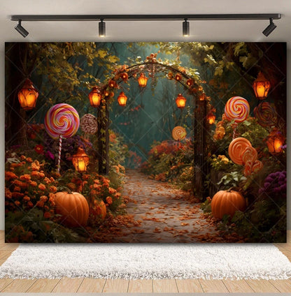Halloween Lollipop Photography Backdrop Fantasy Forest Arch Pumpkin Lantern Festival Party Baby Portrait Photo Background Decor