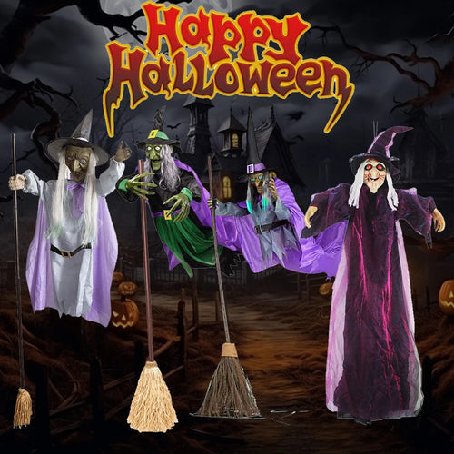 Decoración de bruja voladora de 1,80 m, accesorios de Halloween con sonidos y luces terroríficos, para jardín o césped, decoración exterior de Halloween