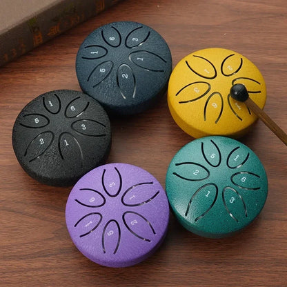 3 Inches 6 Tones Steel Tongue Drum Outdoors Rain Drums Instrument Mini Hand Drum Ethereal Drums Sticks Percussion Accessories