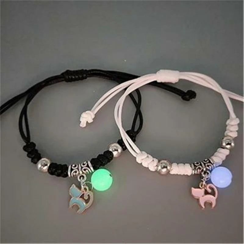 Luminous Beads Star Couple Bracelets For Women Men Charm Cat Flower Heart Key Lock Cross Matching Bracelets dropshipping-A Store