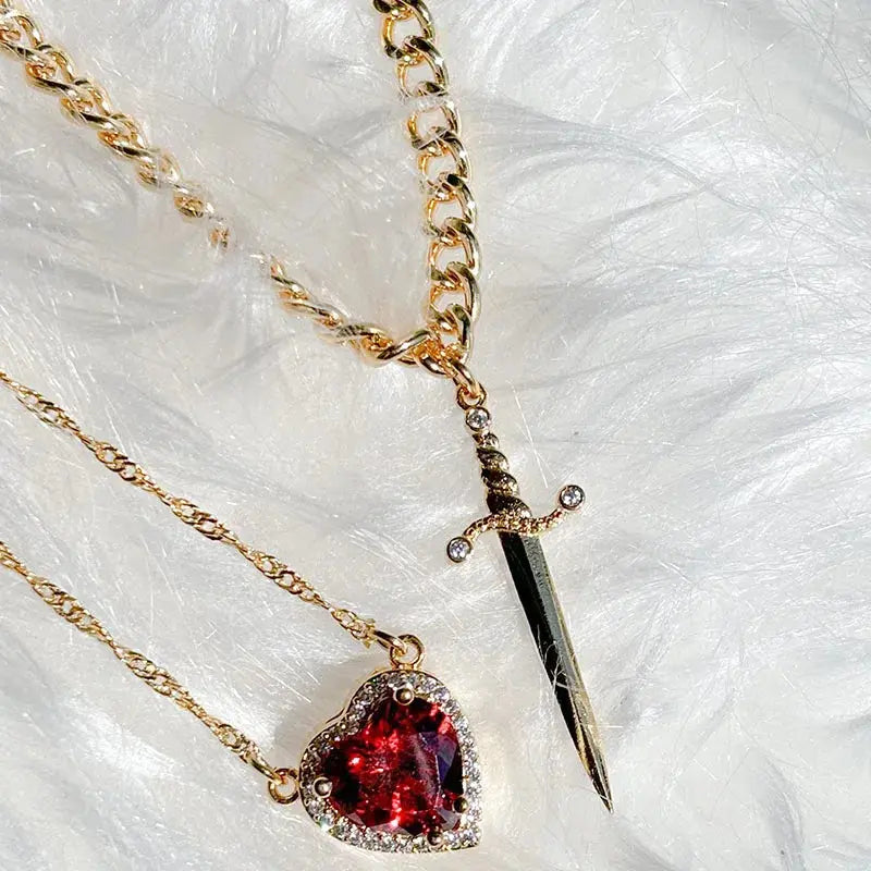 New Heart and Sword Necklace Set Gold Color Stainless Steel Crystal