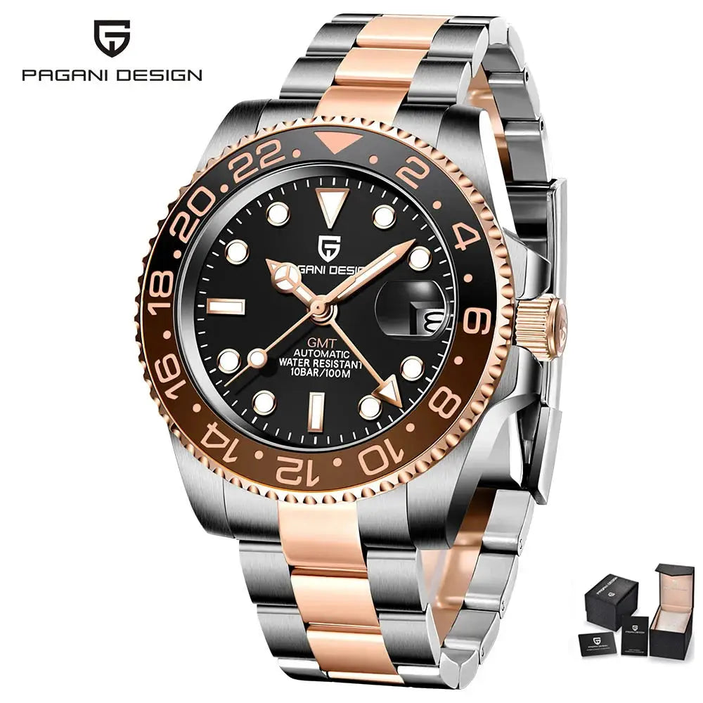 ELEGANCE® P1662 Men Watch Automatic Mechanical GMT Wristwatch Sapphire Glass Stainless Steel 100M Waterproof PAGANI DESIGN Men Watch Store