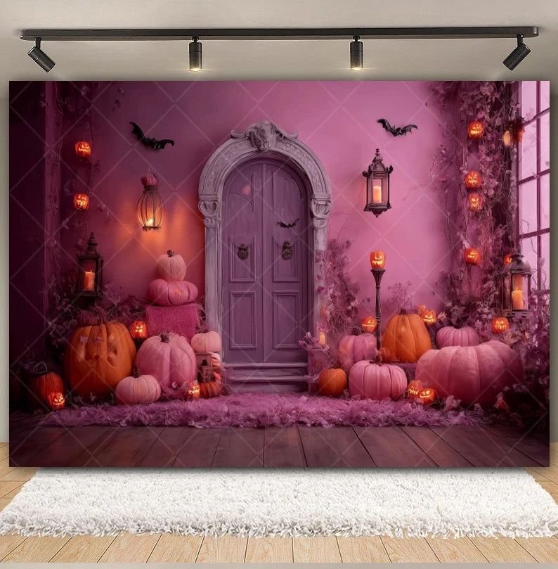 Halloween Retro Arch Family Portrait Photography Backdrop Pink Wall Pumpkin Bat Girls Kids Birthday Party Photo Background Decor