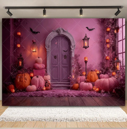 Halloween Retro Arch Family Portrait Photography Backdrop Pink Wall Pumpkin Bat Girls Kids Birthday Party Photo Background Decor