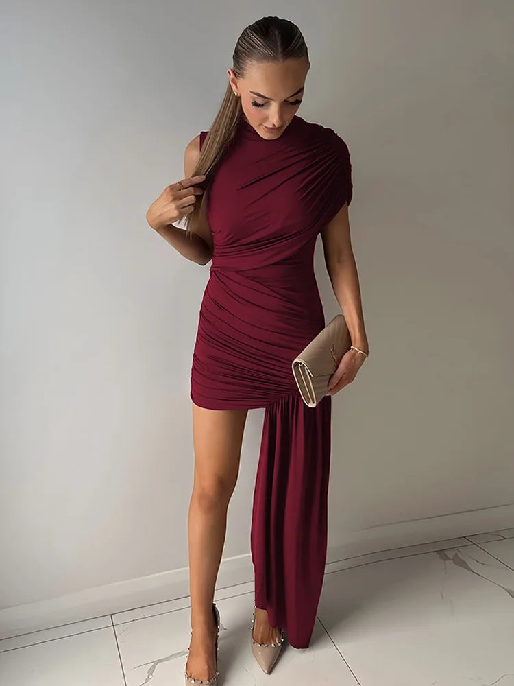 Irregular Pleated Ruched Ribbon Dress Women's Chic Red Sleeveless High Waist Mini Dresses 2025 Summer Lady Party Club Gowns New Avenoir Store