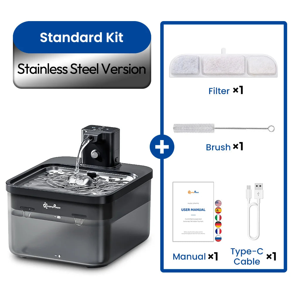 Fontaine eau automatique 2,5L inox – Distributeur sans fil