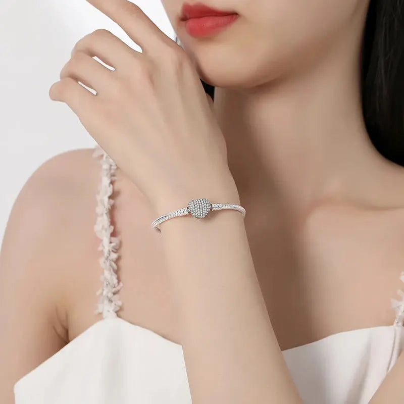 Original 925 Sterling Silver Bracelets Bangles Love Heart Clip Charms