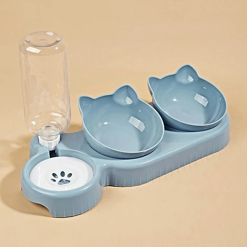 Pet Bowls With Water Feeder, 3 In 1 Ear Design Tilted Cat Water And Food Bowl Set With Gravity Water Bottle For Neck Protection Archie Pets Store