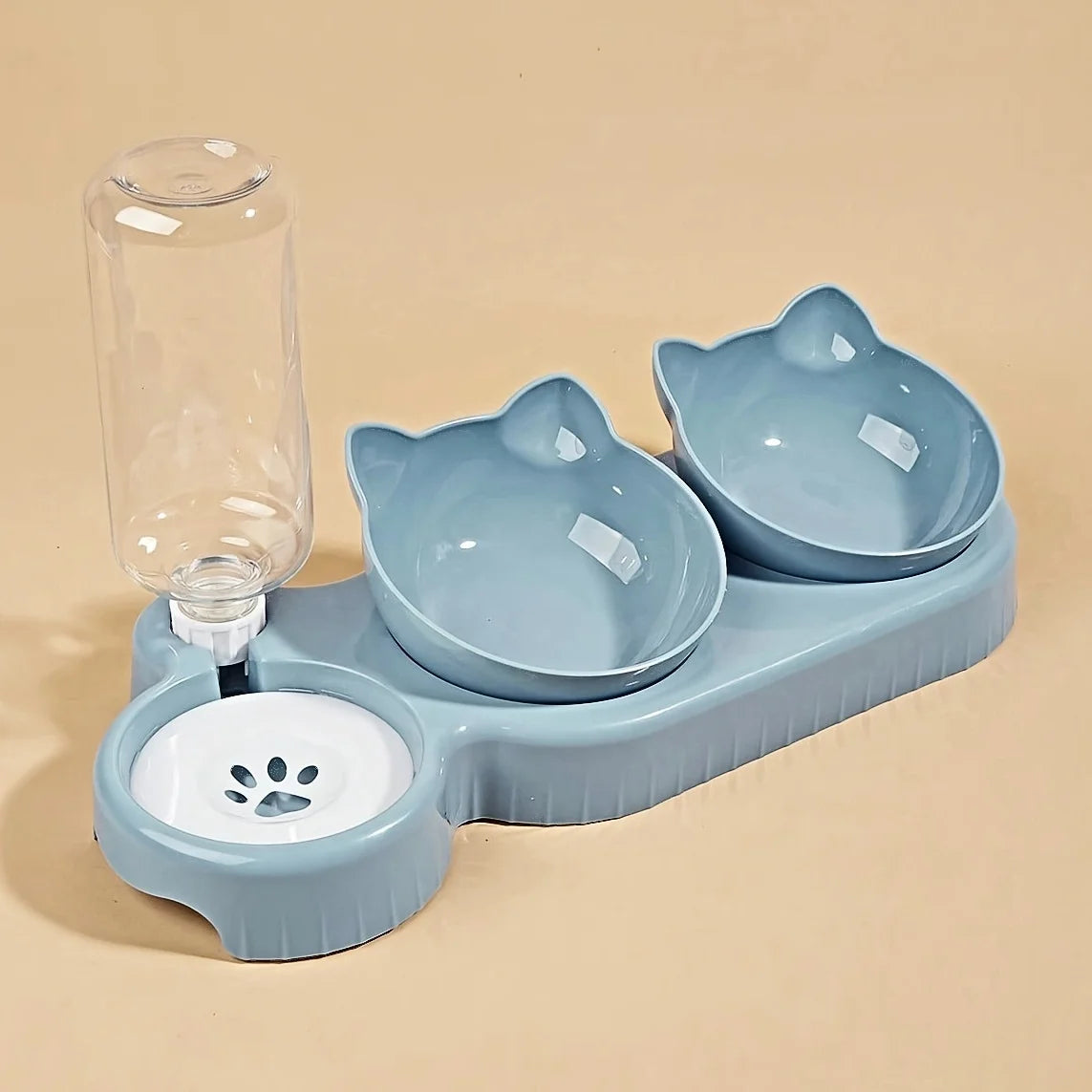 Pet Bowls With Water Feeder, 3 In 1 Ear Design Tilted Cat Water And Food Bowl Set With Gravity Water Bottle For Neck Protection Archie Pets Store