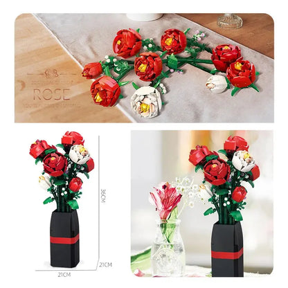 Creative Red Rose Vase Plants Model Building Blocks Moc Romantic