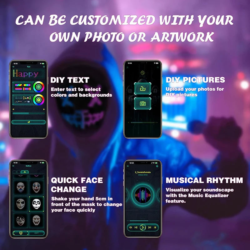 Máscara LED con control de aplicación Bluetooth, programable, transformadora, iluminada, máscara LED de Halloween