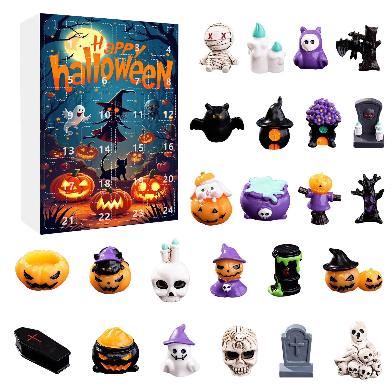 24Pcs Ghost Pumpkin Figurines Halloween Advent Calendar Box Resin Spooky Black Car Bat Ornaments Countdown Calendar Surprise Box