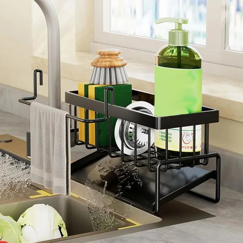 Organizador de fregadero de acero inoxidable - Cesta de almacenamiento de 2 niveles para esponjas, jabón y estropajos de cocina, con bandeja de drenaje