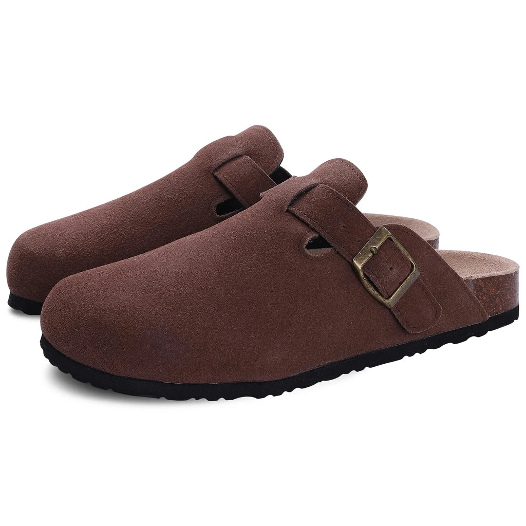Pantuflas Zuecos de Gamuza y Piel para Mujer Shevalues, Plantilla Clásica de Corcho, Mules Peludas, Pantuflas de Invierno de Felpa, Pantuflas Planas de Corcho Cálidas para Exteriores